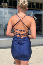 Bling Sheath Spaghetti Straps Dark Blue Short Homecoming Dress with Beading